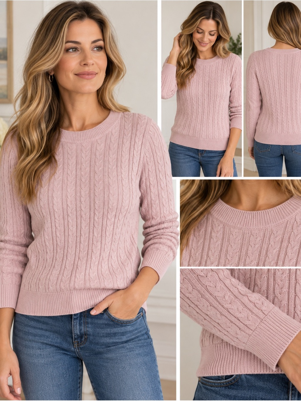 H&M Basic Pink Cable Knit Sweater L Cotton Blend Crewneck Preppy Coastal Classic